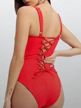 Red Lace-Up One-Piece Swimsuit